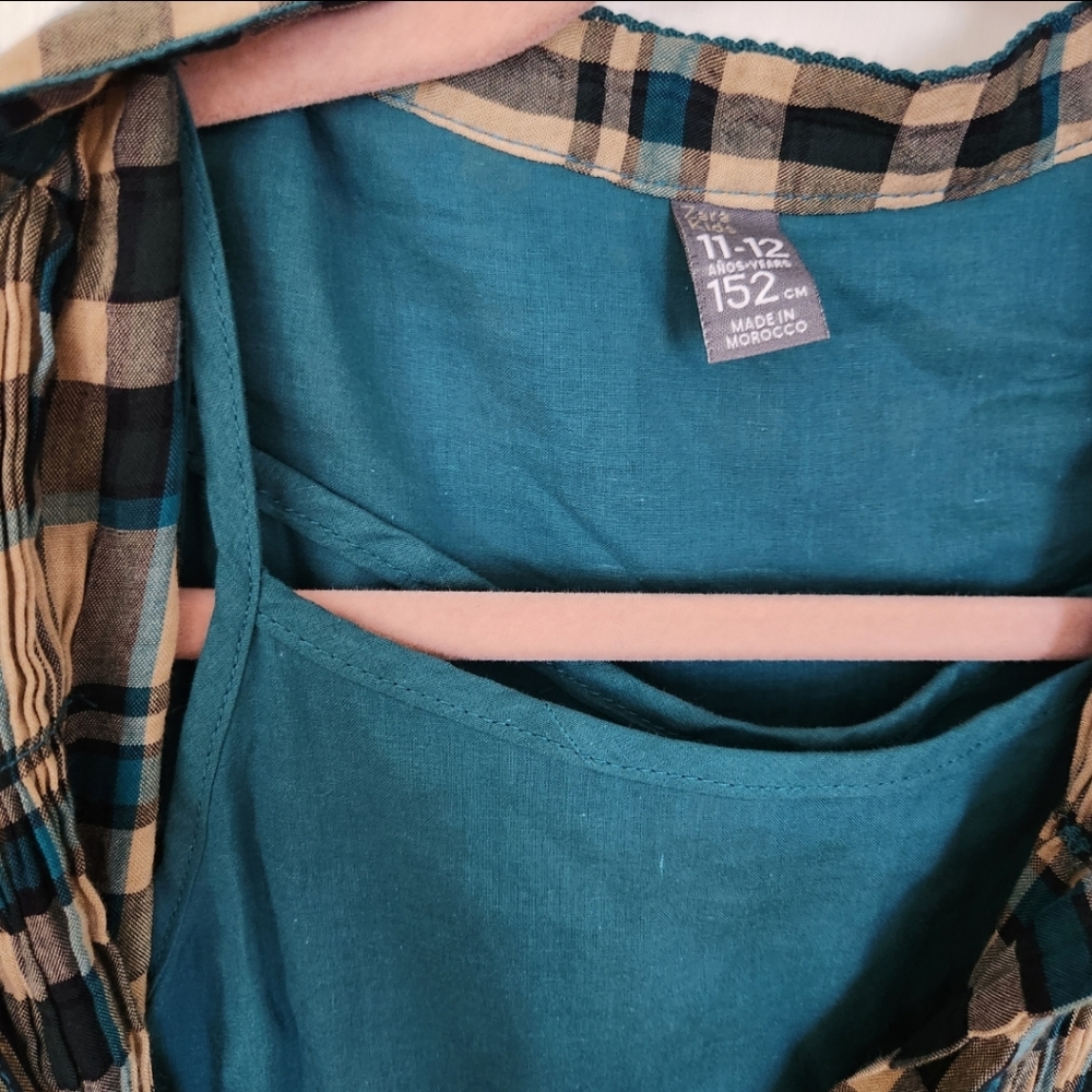 Zara Girls Tan & Green Plaid Button-Up Long Sleeve Peasant Dress - Picture 6 of 7